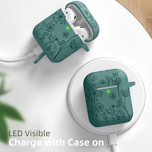 Lerobo Flower Engraved AirPods Case Cover, Stylish Soft Silicone Protector with Keychain Compatible with Apple AirPod 1st/2nd Generation Charging Case, Front LED Visible, Pine Green