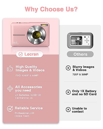 FHD 1080P Kids Digital Camera with 32GB Card, 2 Batteries, Lanyard, 16X Zoom Anti Shake, 44MP Compact Portable Small Point and Shoot Cameras Gift for Kids Student Children Teens Girl Boy(Pink)
