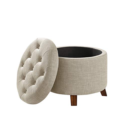 Amazon Basics Upholstered Tufted Storage Round Ottoman Footstool, Burlap Beige, 20"W x 20"D x 17"H