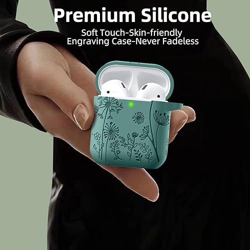 Lerobo Flower Engraved AirPods Case Cover, Stylish Soft Silicone Protector with Keychain Compatible with Apple AirPod 1st/2nd Generation Charging Case, Front LED Visible, Pine Green