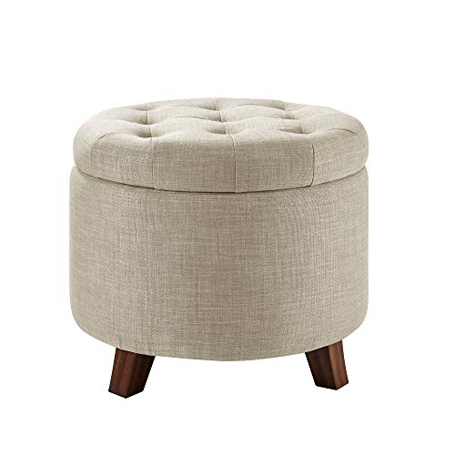 Amazon Basics Upholstered Tufted Storage Round Ottoman Footstool, Burlap Beige, 20"W x 20"D x 17"H