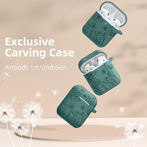 Lerobo Flower Engraved AirPods Case Cover, Stylish Soft Silicone Protector with Keychain Compatible with Apple AirPod 1st/2nd Generation Charging Case, Front LED Visible, Pine Green