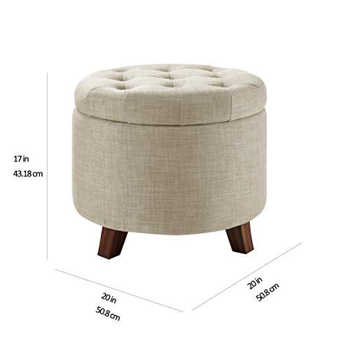 Amazon Basics Upholstered Tufted Storage Round Ottoman Footstool, Burlap Beige, 20"W x 20"D x 17"H