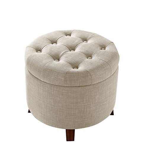 Amazon Basics Upholstered Tufted Storage Round Ottoman Footstool, Burlap Beige, 20"W x 20"D x 17"H