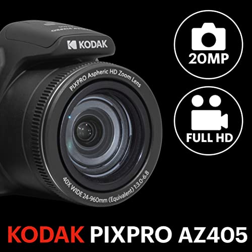 KODAK PIXPRO AZ405-BK 20MP Digital Camera 40X Optical Zoom 24mm Wide Angle Lens Optical Image Stabilization 1080P Full HD Video 3" LCD Vlogging Camera (Black)