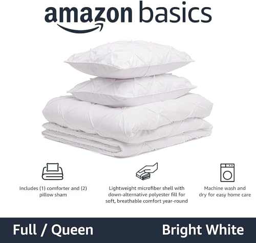 Amazon Basics All-Season Down-Alternative 3 Piece Comforter Bedding Set, Full/Queen, Bright White, Pinch-Pleat With Piped Edges