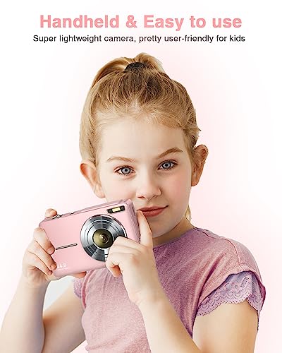 FHD 1080P Kids Digital Camera with 32GB Card, 2 Batteries, Lanyard, 16X Zoom Anti Shake, 44MP Compact Portable Small Point and Shoot Cameras Gift for Kids Student Children Teens Girl Boy(Pink)