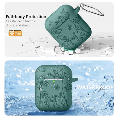 Lerobo Flower Engraved AirPods Case Cover, Stylish Soft Silicone Protector with Keychain Compatible with Apple AirPod 1st/2nd Generation Charging Case, Front LED Visible, Pine Green