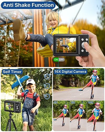 Digital Camera, Kids Camera FHD 1080P 44MP Small Digital Camera with 32GB SD Card Vlogging Camera 16X Digital Zoom, Point and Shoot Digital Camera Gift for Kids Boys Girls Teens Students - Black