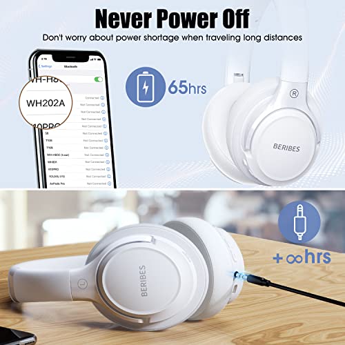 Bluetooth Headphones Over Ear,BERIBES 65H Playtime and 6 EQ Music Modes with Microphone,HiFi Stereo Foldable Lightweight Wireless Headset,Deep Bass for Home Office Cellphone PC Etc.(White)