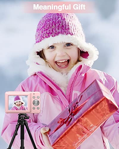 FHD 1080P Kids Digital Camera with 32GB Card, 2 Batteries, Lanyard, 16X Zoom Anti Shake, 44MP Compact Portable Small Point and Shoot Cameras Gift for Kids Student Children Teens Girl Boy(Pink)