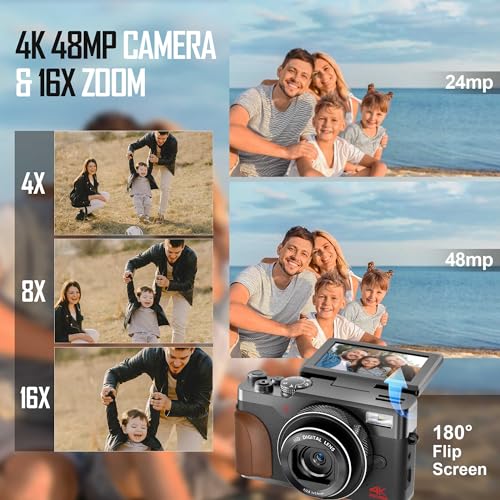 ATPLOES Digital Cameras for Photography,4K&48MP&16X Video/Vlogging Camera for YouTube, Travel Camera with 32GB TF Card & 2 Batteries,Compact Camera,Great Gift Choice,Digital Point and Shoot Camera