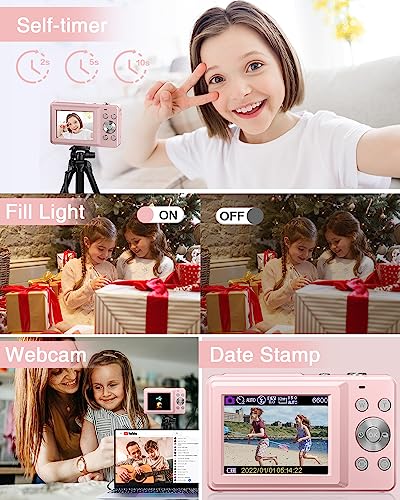 FHD 1080P Kids Digital Camera with 32GB Card, 2 Batteries, Lanyard, 16X Zoom Anti Shake, 44MP Compact Portable Small Point and Shoot Cameras Gift for Kids Student Children Teens Girl Boy(Pink)