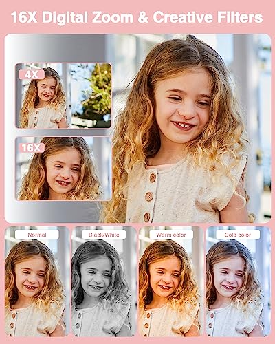 FHD 1080P Kids Digital Camera with 32GB Card, 2 Batteries, Lanyard, 16X Zoom Anti Shake, 44MP Compact Portable Small Point and Shoot Cameras Gift for Kids Student Children Teens Girl Boy(Pink)