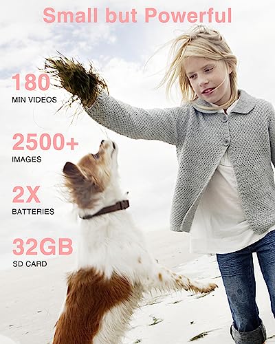 FHD 1080P Kids Digital Camera with 32GB Card, 2 Batteries, Lanyard, 16X Zoom Anti Shake, 44MP Compact Portable Small Point and Shoot Cameras Gift for Kids Student Children Teens Girl Boy(Pink)