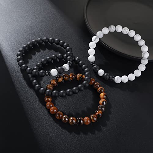 RANKEEF Tiger Eye Bracelet For Men 8MM Natural Stone Beads Bracelet Set Stretch Lava Rock Bracelets Adjustable Black Crystal Beaded Bracelet for Men Women Gifts