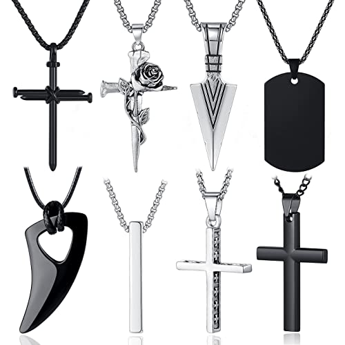 MAIBAOTA 8 Pcs Necklace for Men, Mens Necklaces Jewelry Set, Black and Silver Stainless Steel Necklace, Cross Pendant Necklace, 16-24 inches Chain