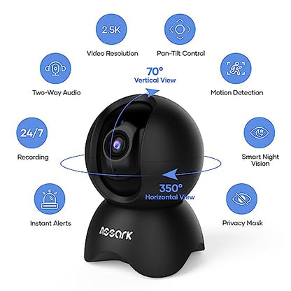 Assark Pet Camera with Phone APP 5MP, Indoor Camera 2.5K, Camera for Home Security 360°, 2.4GHz WiFi, Night Vision, PTZ, AI Human Detection, Two-Way Audio (Black)