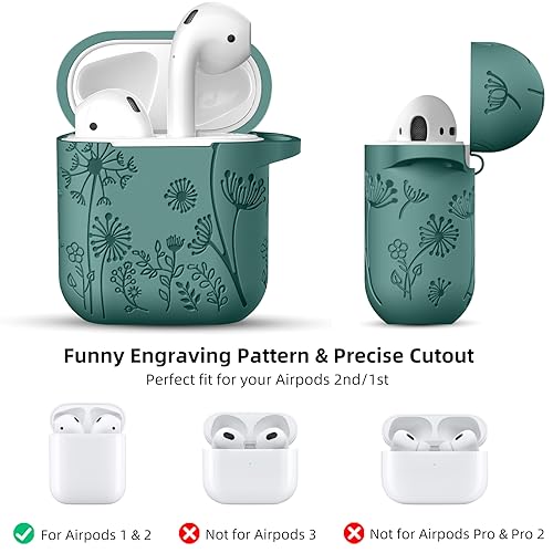 Lerobo Flower Engraved AirPods Case Cover, Stylish Soft Silicone Protector with Keychain Compatible with Apple AirPod 1st/2nd Generation Charging Case, Front LED Visible, Pine Green