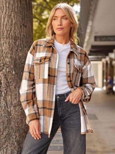 AUTOMET Womens Oversized Flannel Jacket Shirts Blend Button Down Long Sleeve Shacket Clothes 2023 Fall Fashion Tops Blouse 2023 Apricot