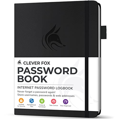 Clever Fox Password Book with tabs. Internet Address and Password Organizer Logbook with alphabetical tabs. Small Pocket Size Password Keeper Journal Notebook for Computer & Website Logins (Black)