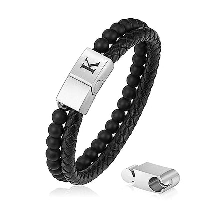 Leather Beaded Bracelets for Men, Black Beaded Initial Bracelets for Men Braided Leather Bracelets for Men 6mm Matte Agate Mens Bracelet Beads Letter K Initial Bracelets for Men Jewelry Gifts for Men