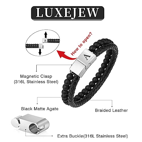 Leather Beaded Bracelets for Men, Black Beaded Initial Bracelets for Men Braided Leather Bracelets for Men 6mm Matte Agate Mens Bracelet Beads Letter K Initial Bracelets for Men Jewelry Gifts for Men