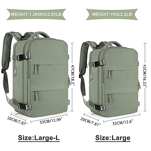 coowoz Large Travel Backpack For Women Men,Carry On Backpack Flight Approved,Hiking Backpack Waterproof Outdoor Rucksack Casual Daypack Fit 15.6 Inch Laptop Shoes Compartment (Gray Green-L)