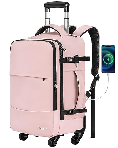 Taygeer Rolling Backpack for women, 17 inch Travel Laptop Backpack with Wheels & Shoe Pouch, Large Wheeled Backpack Carry on Luggage, Overnight College Work Suitcase Bag Roller Backpack Adult, Pink