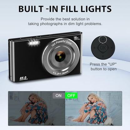 Digital Camera Cheap, UIKICON 4K 44MP Kids Camera with 32GB SD Card, 2.4 Inch Point and Shoot Camera with 16X Digital Zoom, Compact Camera for Kids Teens Boys Girls Adults Students Seniors(X3-Black1)