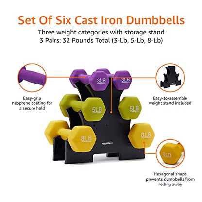 Amazon Basics Neoprene Coated Hexagon Workout Dumbbell Color-Coded Hand Weight With Storage Rack, 32 Pounds, Set of 2 (3 Pound, 5 Pound, and 8 Pound), Multicolor