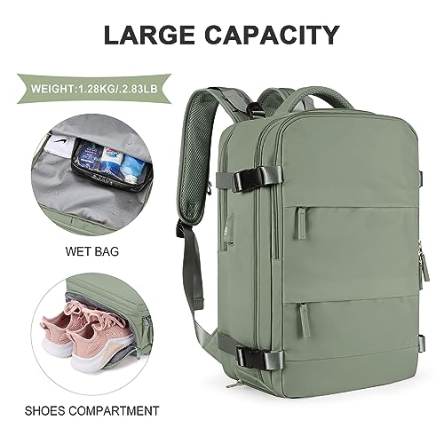 coowoz Large Travel Backpack For Women Men,Carry On Backpack Flight Approved,Hiking Backpack Waterproof Outdoor Rucksack Casual Daypack Fit 15.6 Inch Laptop Shoes Compartment (Gray Green-L)