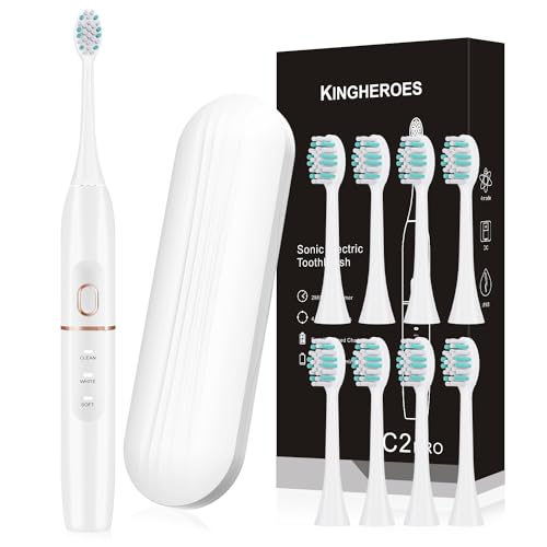 kingheroes Electric Toothbrush Set, Comes with 8 Brush Heads & Travel Case,4 Modes with 2 Minutes Built in Smart Timer, One Charge for 60 Days, 42000 VPM Motor (White)