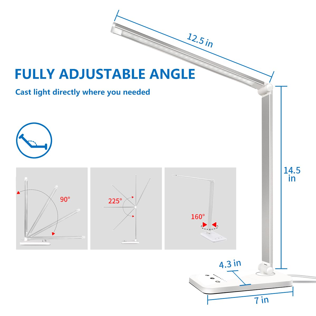 White crown LED Desk Lamp Dimmable Table Lamp Reading Lamp with USB Charging Port, 5 Lighting Modes, Sensitive Control, 30/60 Minutes Auto-Off Timer, Eye-Caring Office Lamp