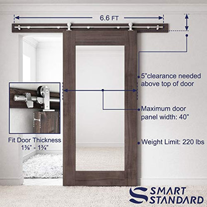 SMARTSTANDARD 6.6 Feet Top Mount Sliding Hardware Kit-Stainless Steel Heavy Duty Sturdy Barn Track-Simple and Easy to Install-Fit 36"-40“ Wide Door Panel (T Shape Hanger)