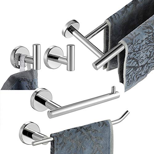 JQK Bathroom Hardware Towel Bar Set, 5-Piece Bath Accessories Set Polished Chrome Wall Mount Includes 24 in Towel Bar, 9 in HT Bar, TP Holder, Towel Hook x 2, BAS105-CH