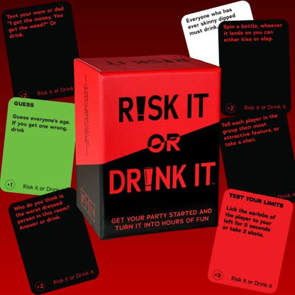 RISK IT OR DRINK - Fun Party Game for College, Pregame, Night Hilarious Dares, Challenges & Questions Adults Games Adult Card Parties