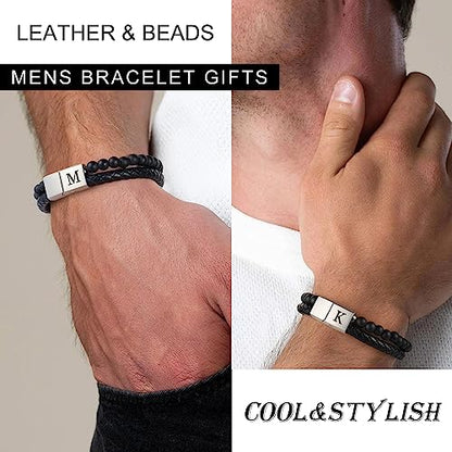 Leather Beaded Bracelets for Men, Black Beaded Initial Bracelets for Men Braided Leather Bracelets for Men 6mm Matte Agate Mens Bracelet Beads Letter K Initial Bracelets for Men Jewelry Gifts for Men