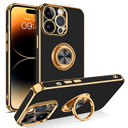 BENTOBEN iPhone 14 Pro Max Case, Slim Lightweight 360° Ring Holder Kickstand Support Car Mount Shockproof Women Men Non-Slip Protective Case for iPhone 14 Pro Max 6.7", Black/Gold