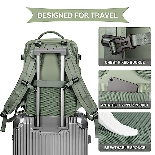 coowoz Large Travel Backpack For Women Men,Carry On Backpack Flight Approved,Hiking Backpack Waterproof Outdoor Rucksack Casual Daypack Fit 15.6 Inch Laptop Shoes Compartment (Gray Green-L)