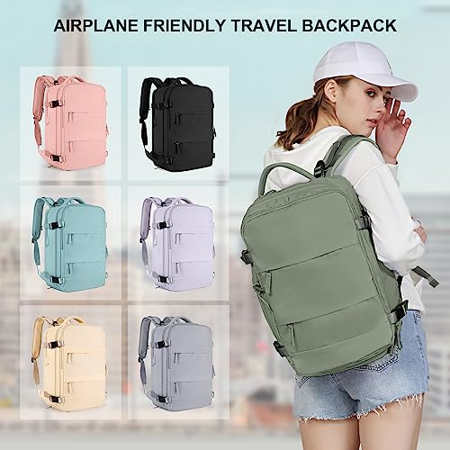 coowoz Large Travel Backpack For Women Men,Carry On Backpack Flight Approved,Hiking Backpack Waterproof Outdoor Rucksack Casual Daypack Fit 15.6 Inch Laptop Shoes Compartment (Gray Green-L)