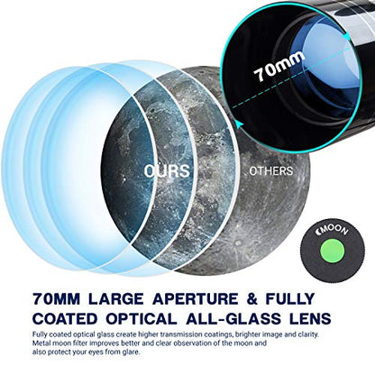 ESSLNB Telescope for Kids, 70mm Aperture Refractor Telescopes (15X-180X) for Astronomy Beginners, Portable Travel Telescope with Phone Adapter & Adjustable Tripod-Astronomy Gifts for Kids Blue