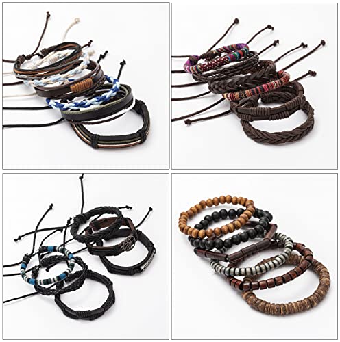 FIRAZIO 27Pcs Braided Leather Bracelets for Men Women Wrap Wood Beads Cuff Bracelet Hemp Cords Ethnic Tribal Handmade Wrap Wristband Bracelets Set Adjustable