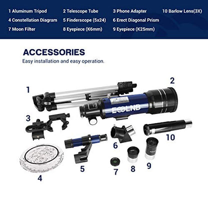 ESSLNB Telescope for Kids, 70mm Aperture Refractor Telescopes (15X-180X) for Astronomy Beginners, Portable Travel Telescope with Phone Adapter & Adjustable Tripod-Astronomy Gifts for Kids Blue