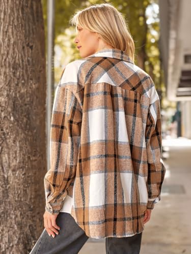 AUTOMET Womens Oversized Flannel Jacket Shirts Blend Button Down Long Sleeve Shacket Clothes 2023 Fall Fashion Tops Blouse 2023 Apricot