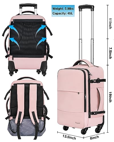 Taygeer Rolling Backpack for women, 17 inch Travel Laptop Backpack with Wheels & Shoe Pouch, Large Wheeled Backpack Carry on Luggage, Overnight College Work Suitcase Bag Roller Backpack Adult, Pink