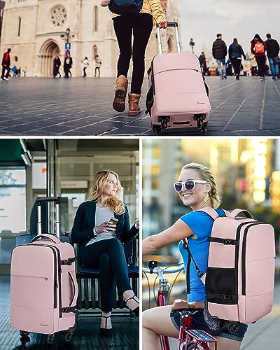 Taygeer Rolling Backpack for women, 17 inch Travel Laptop Backpack with Wheels & Shoe Pouch, Large Wheeled Backpack Carry on Luggage, Overnight College Work Suitcase Bag Roller Backpack Adult, Pink