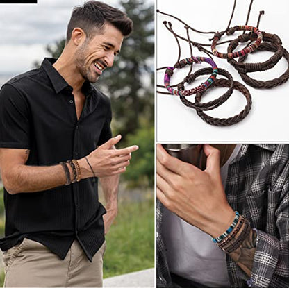 FIRAZIO 27Pcs Braided Leather Bracelets for Men Women Wrap Wood Beads Cuff Bracelet Hemp Cords Ethnic Tribal Handmade Wrap Wristband Bracelets Set Adjustable