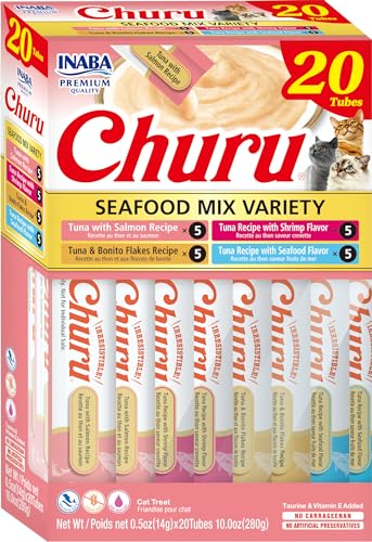 INABA Churu Cat Treats, Grain-Free, Lickable, Squeezable Creamy Purée Cat Treat/Topper with Vitamin E & Taurine, 0.5 Ounces Each Tube, 20 Tubes, Seafood Variety Box