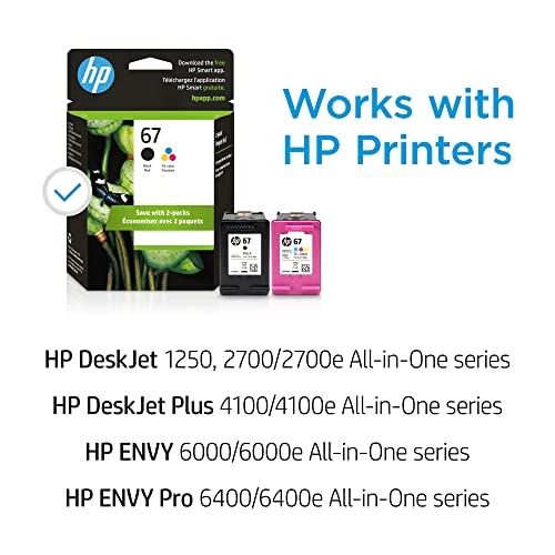 HP 67 Black/Tri-color Ink Cartridges (2 Count - Pack of 1) | Works with HP DeskJet 1255, 2700, 4100 Series, HP ENVY 6000, 6400 Series | Eligible for Instant Ink | 3YP29AN